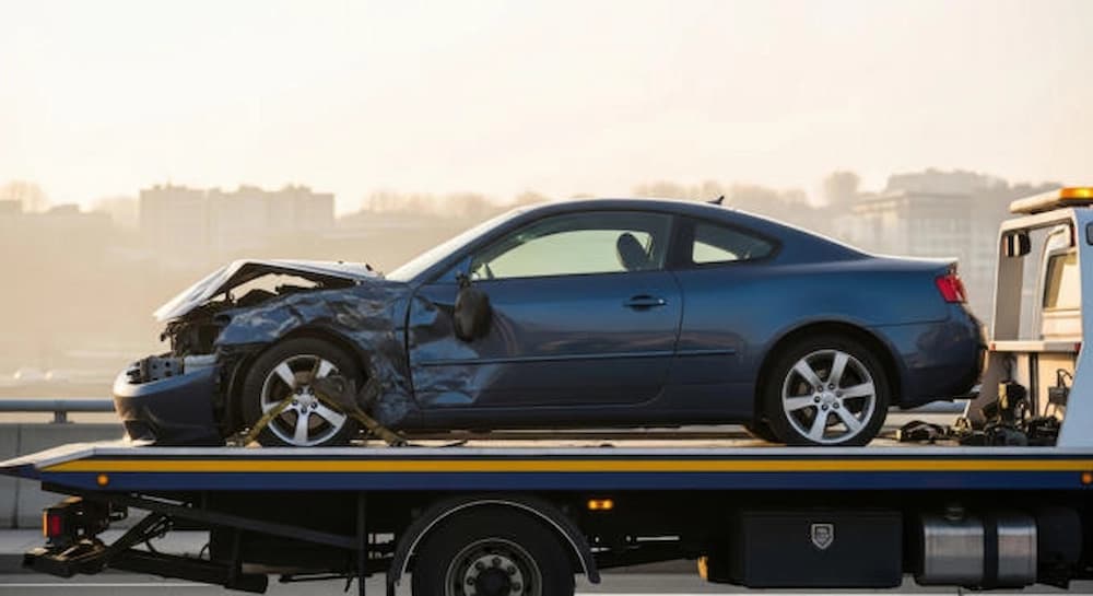 Totaled car on a truck