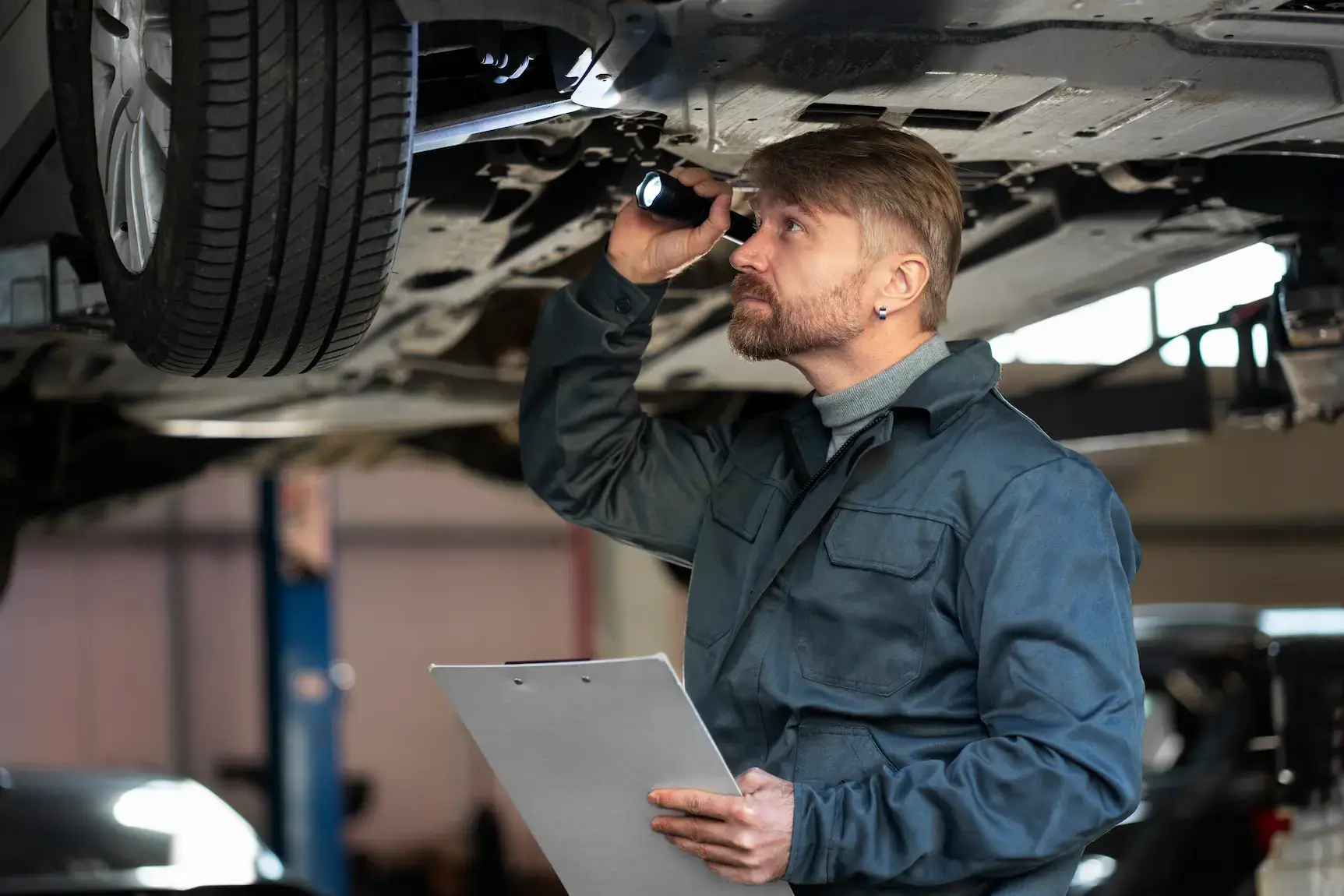 tech-checking-under-car Technician checking car for hidden frame damage